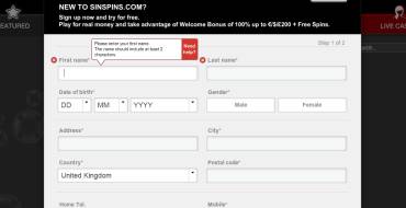 Sin Spins casino: Регистрация
